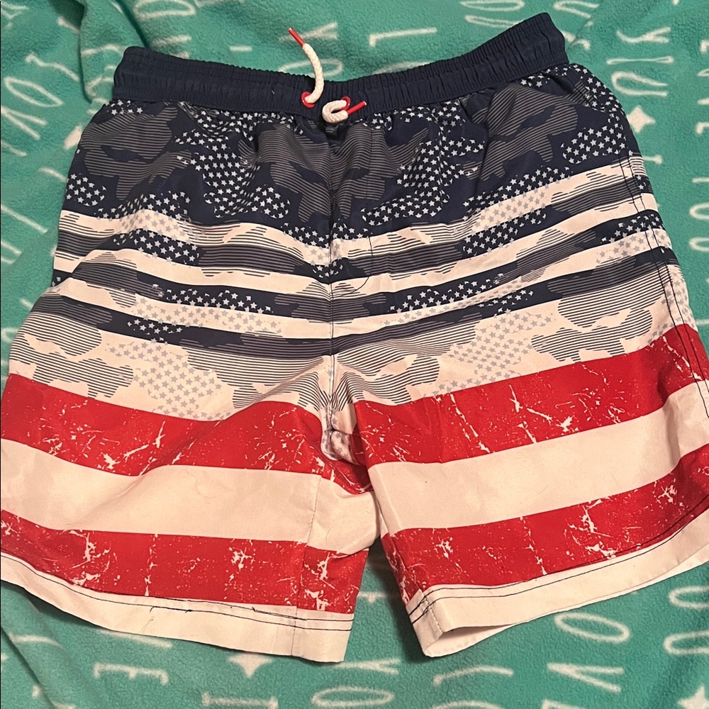 Tommy Bahama Red, White & Navy American Flag Swim Board Shorts.